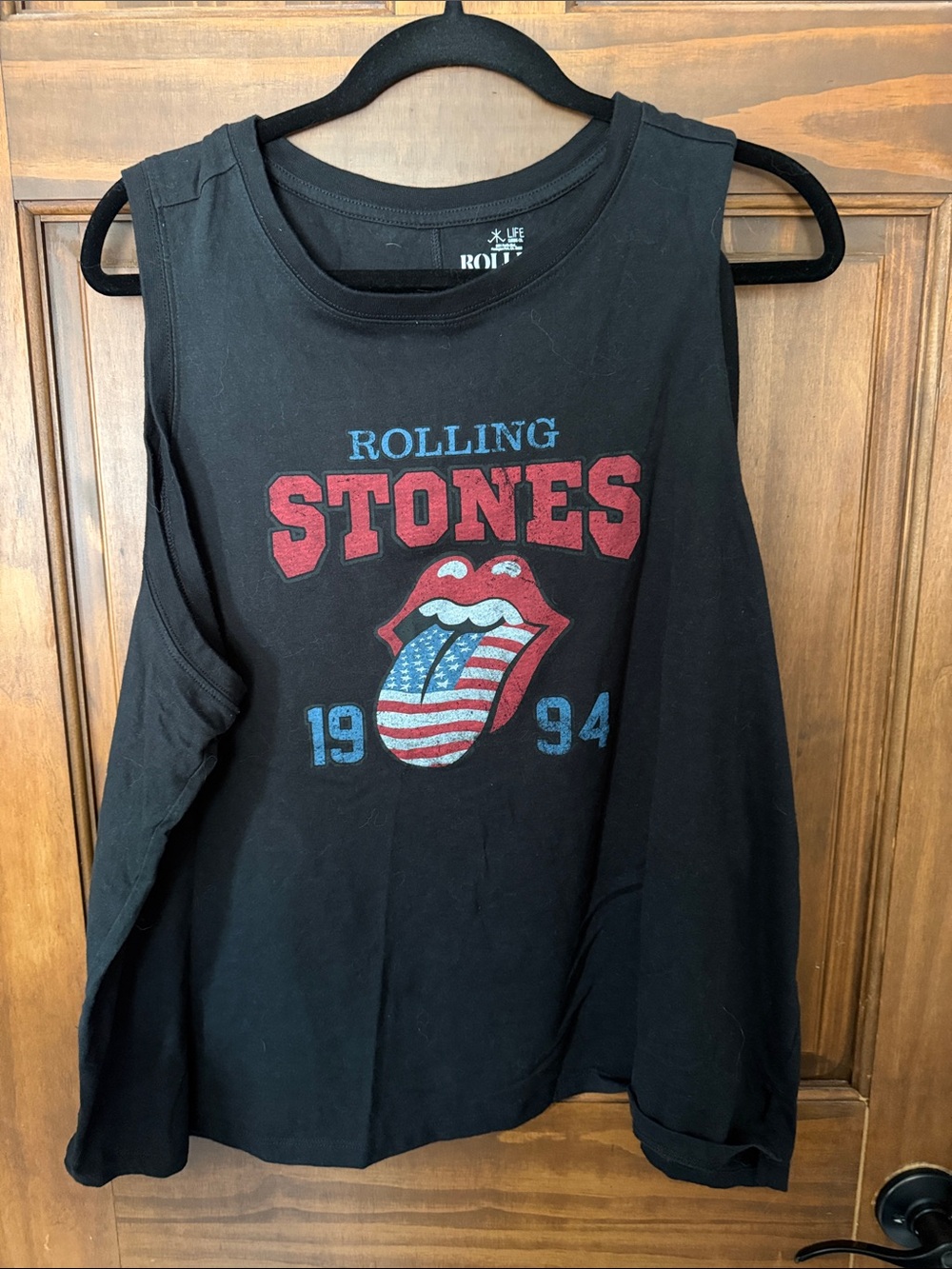 the Rolling Stones Black Tank Top with Red & Blue Tongue Graphic